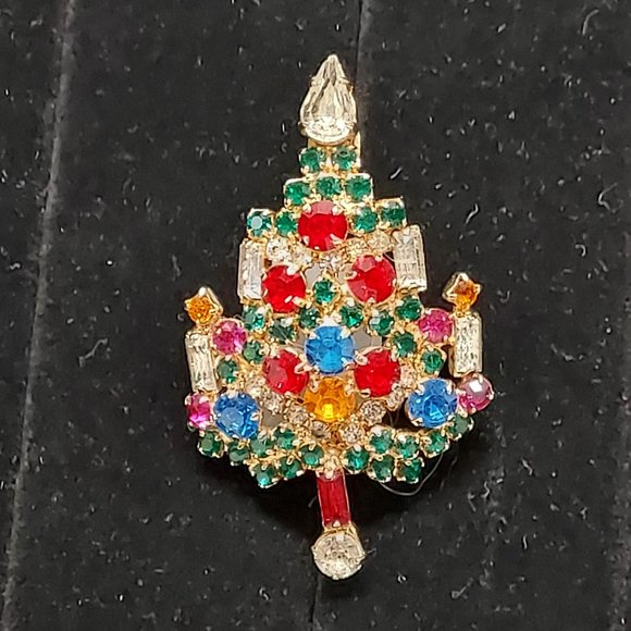 VTG JOSEPH WARNER SPARKLE JEWELED RHINESTONE GOLD TONE CHRISTMAS TREE BROOCH PIN - Picture 5 of 10